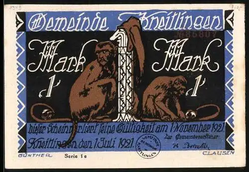 Notgeld Kneitlingen 1921, 1 Mark, Wie Eulenspiegel die Mönche in die Messe zählte, Affe mit Spiegel