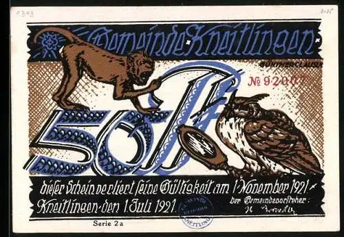 Notgeld Kneitlingen 1921, 50 Pfennig, Eulenspiegel bei der Taube, Affe und Eule
