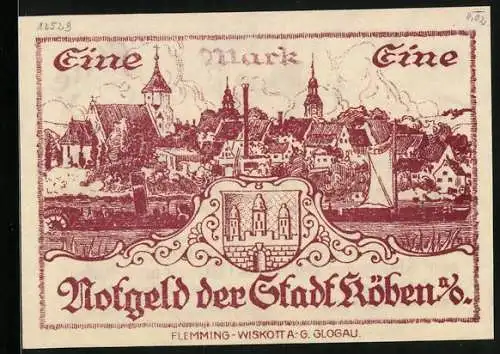 Notgeld Köben a. O. 1920, 1 Mark, Stadtpanorama und Wappen