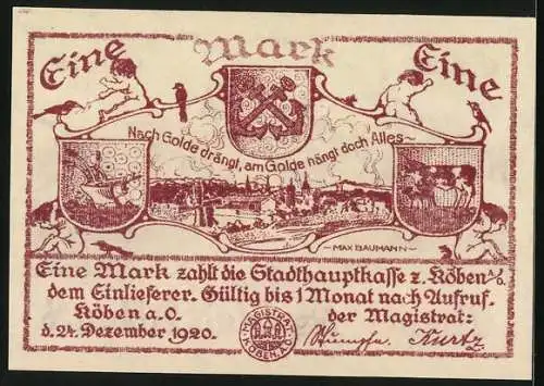 Notgeld Köben a. O. 1920, 1 Mark, Stadtpanorama und Wappen