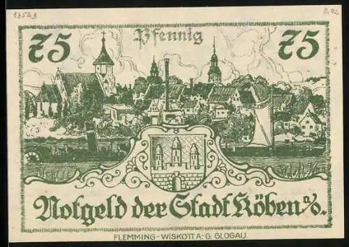 Notgeld Köben a. O. 1920, 75 Pfennig, Stadtpanorama und Wappen