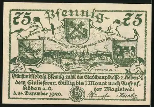 Notgeld Köben a. O. 1920, 75 Pfennig, Stadtpanorama und Wappen