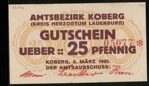 Notgeld Koberg 1921, 25 Pfennig, Signatur, Gutschein