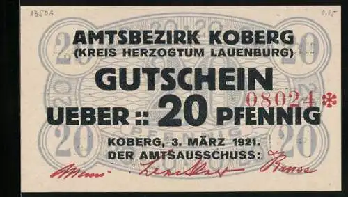 Notgeld Koberg 1921, 20 Pfennig, Signatur, Gutschein