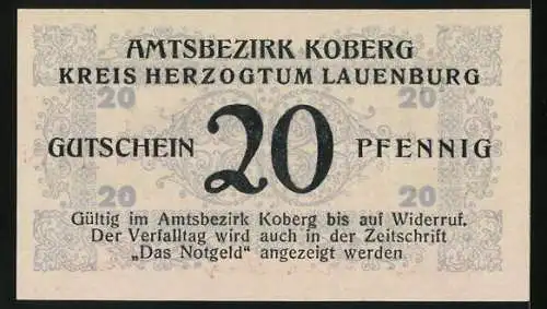 Notgeld Koberg 1921, 20 Pfennig, Signatur, Gutschein