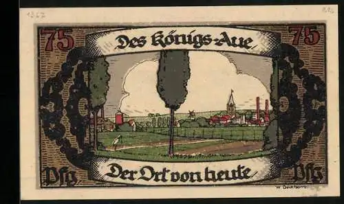 Notgeld Königsaue 1921, 75 Pfennig, Stadtpanorama und Landkarte