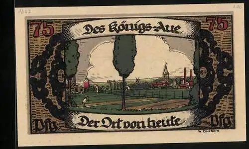 Notgeld Königsaue 1921, 75 Pfennig, Stadtpanorama und Landkarte