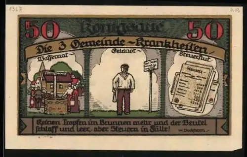 Notgeld Königsaue 1921, 50 Pfennig, Gemeinde-Krankheiten Wassernot, Geldnot und Steuerflut und Heilkur