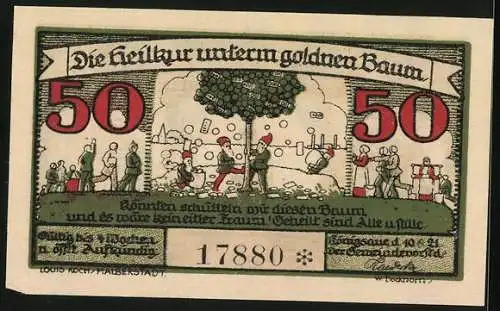 Notgeld Königsaue 1921, 50 Pfennig, Gemeinde-Krankheiten Wassernot, Geldnot und Steuerflut und Heilkur