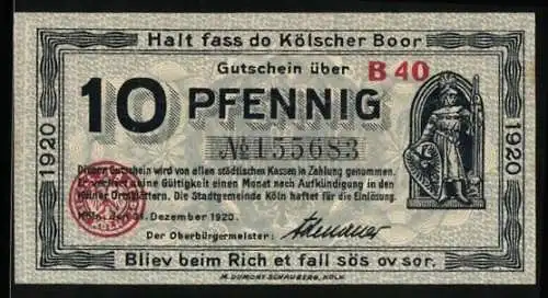 Notgeld Köln 1920, 10 Pfennig, Rathaus und Kölscher Boor