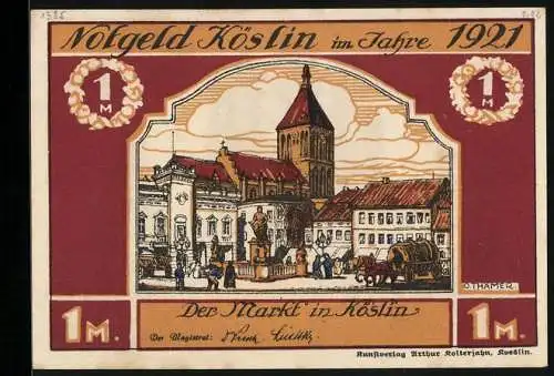 Notgeld Köslin 1921, 1 Mark, Markt in Köslin, Männer bei der Arbeit auf dem Feld und am Meer, Wappen