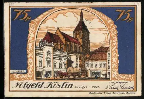 Notgeld Köslin 1921, 75 Pfennig, Markt in Köslin, Wappen