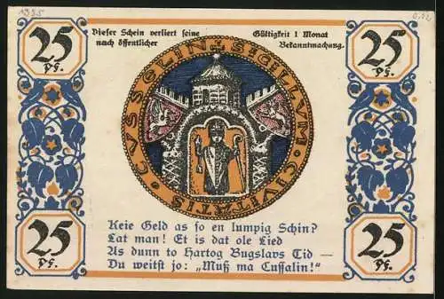 Notgeld Köslin 1921, 25 Pfennig, Denkmal und Wappen