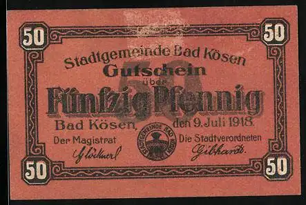 Notgeld Bad Kösen 1918, 50 Pfennig, Ortsansicht mit Saalepartie, Gutschein