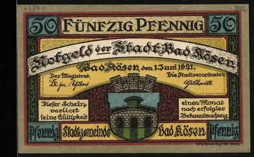 Notgeld Bad Kösen 1921, 50 Pfennig, Stadtpanorama und Wappen