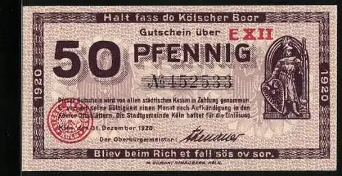 Notgeld Köln 1920, 50 Pfennig, Rathaus, Kölscher Boor, Gutschein