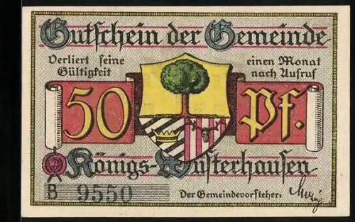 Notgeld Königs-Wusterhausen, 50 Pfennig, Jagdschloss um 1400, Wappen, Gutschein