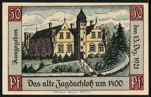 Notgeld Königs-Wusterhausen, 50 Pfennig, Jagdschloss um 1400, Wappen, Gutschein