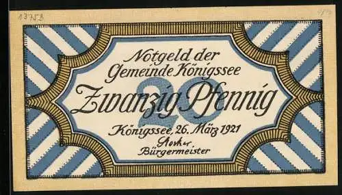 Notgeld Königssee 1921, 20 Pfennig, Seepartie und Gebirgspanorama