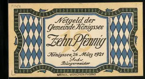 Notgeld Königssee 1921, 10 Pfennig, Panorama und Seepartie, Wappen