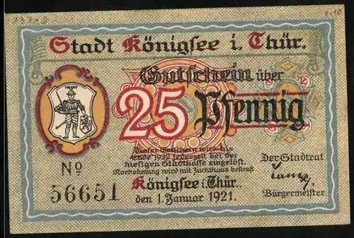 Notgeld Königsee i. Thür. 1921, 25 Pfennig, Kirche, Zwerg mit Handstock und Blumen, Kräuterlikör