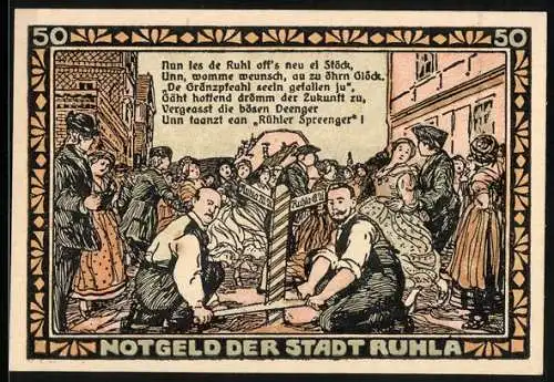 Notgeld Ruhla i. Thür. 1921, 50 Pfennig, Männer sägen an einem Grenzpfahl