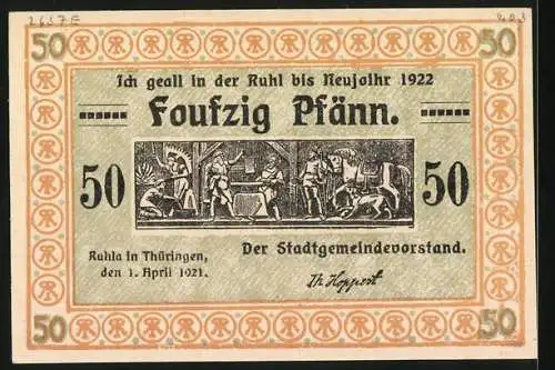 Notgeld Ruhla i. Thür. 1921, 50 Pfennig, Männer sägen an einem Grenzpfahl