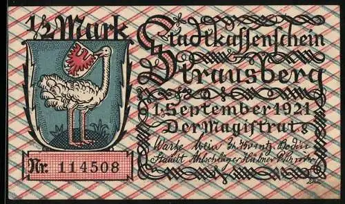 Notgeld Strausberg 1921, 1 /2 Mark, Strausberger Umgebung bei Tiefensee, Wappen