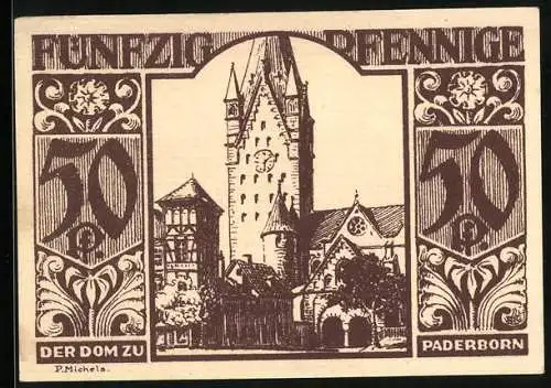 Notgeld Paderborn 1921, 50 Pfennig, Männer mit Domschatz, Dom zu Paderborn