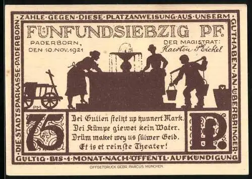Notgeld Paderborn 1921, 75 Pfennig, Frauen am Brunnen, Paterskirche