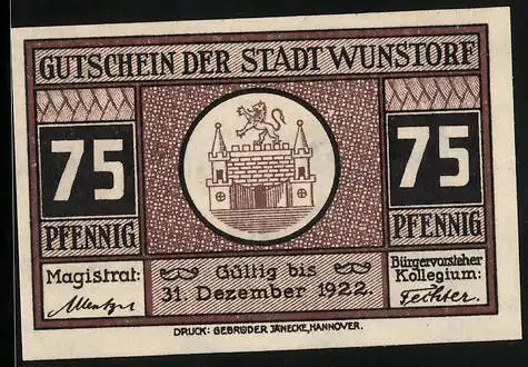 Notgeld Wunstorf 1922, 75 Pfennig, Rathaus, Gutschein