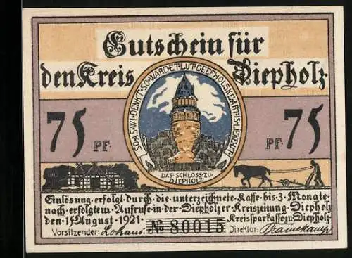 Notgeld Diepholz 1921, 75 Pfennig, Bauer mit Schwein und Gans, Schloss zu Diepholz, Gutschein