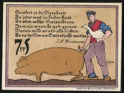 Notgeld Diepholz 1921, 75 Pfennig, Bauer mit Schwein und Gans, Schloss zu Diepholz, Gutschein