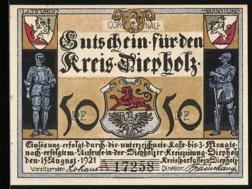 Notgeld Diepholz 1921, 50 Pfennig, Lemförde im Jahre 1621, Wappen und Ritter, Gutschein