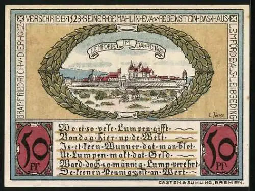 Notgeld Diepholz 1921, 50 Pfennig, Lemförde im Jahre 1621, Wappen und Ritter, Gutschein