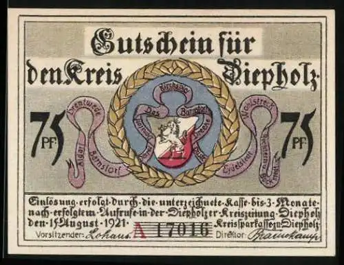 Notgeld Diepholz 1921, 75 Pfennig, Kirche zu Barnstorf und Wappen, Gutschein