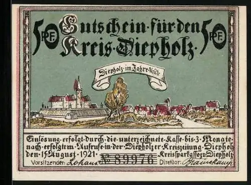 Notgeld Diepholz 1921, 50 Pfennig, Diepholz im Jahre 1621, Auburg bei Wagenfeld im Jahre 1654, Gutschein