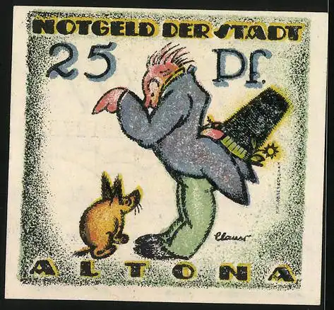 Notgeld Altona 1921, 25 Pfennig, Mann versteckt seinen Hut hinter dem Rücken und betrachtet ein Tier