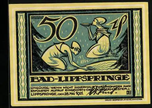 Notgeld Bad Lippspringe 1921, 50 Pfennig, Quelle im Wald, Frauen trinken an der Quelle, Gutschein