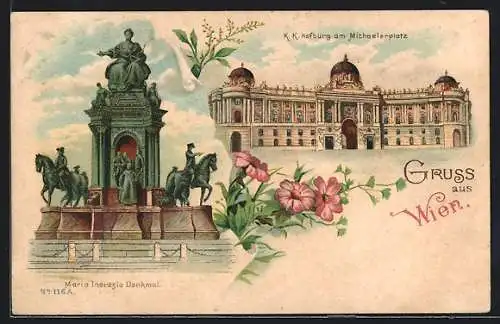 Lithographie Wien, Maria Theresia Denkmal und Hofburg am Miachaelerplatz