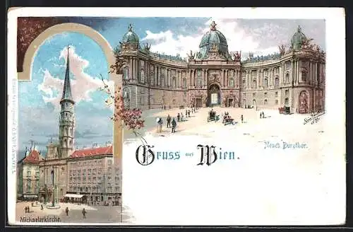Lithographie Wien, Hofburg, Neues Burgthor und Michaelerkirche