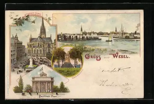 Lithographie Wesel / Rhein, Ortsansicht, Grosser Markt, Berliner Tor