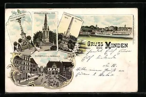 Lithographie Minden / Westf., Krieger-Denkmal, Marktplatz mit Rathaus, Ortsansicht aus der Vogelschau