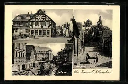 AK Ober-Ramstadt / Darmstadt, Hirsch-Apotheke, Rathaus, Sonngasse
