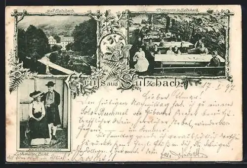 AK Sulzbach / Lautenbach, Ortsansicht, Menschen auf der Terrasse im Ort, mann und Frau in Renchthaltracht