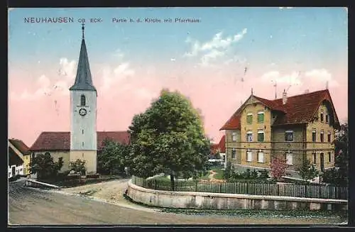 AK Neuhausen ob Eck, Ortspartie an der Kirche mit Pfarrhaus