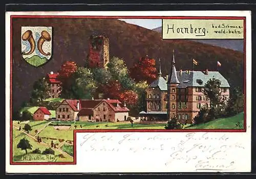 Lithographie Hornberg / Schwarzwald, Ortspartie mit Hotel, Wappen