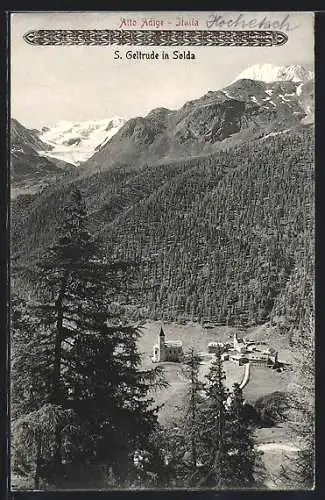 AK S. Geltrude in Solda /Alto Adige, Panorama mit Kirche