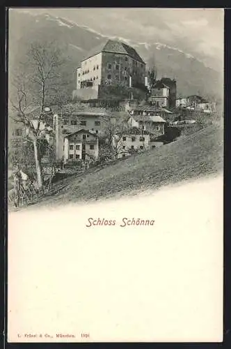 AK Schönna, Ortspartie mit Blick auf das Schloss, Gebirgspanorama