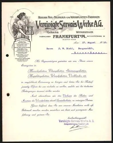 Rechnung Frankfurt a. M. 1910, Vereinigte Servais Werke AG, Wandplatten- und Mosaik-Fabriken, Frau mit kleiner Fliese